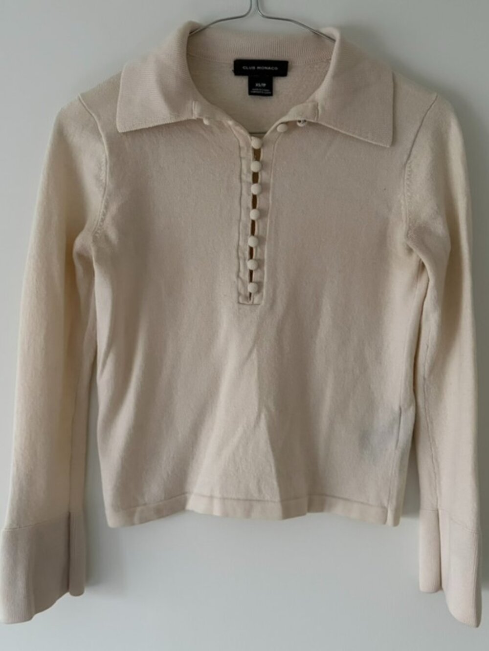 Club Monaco Ivory Wool Long Sleeve Button Up 1/4 Pullover Sweater size XS